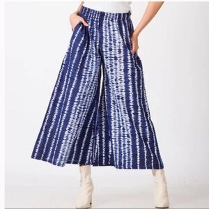 Sevya Handmade Indigo Blue & White Tie Dye Flowy Wide Leg Cropped Pants S/M NWOT